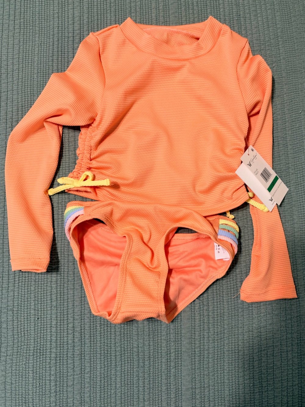 Jessica Simpson Kids Coral-Orange Long Sleeve Rashguard Set with Rainbow Trim